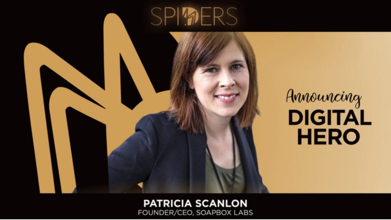 An image with a photo of a woman named Dr. Patricia Scanlon, the founder of SoapBox Labs, and text that reads, "Spider Awards, announcing digital hero."