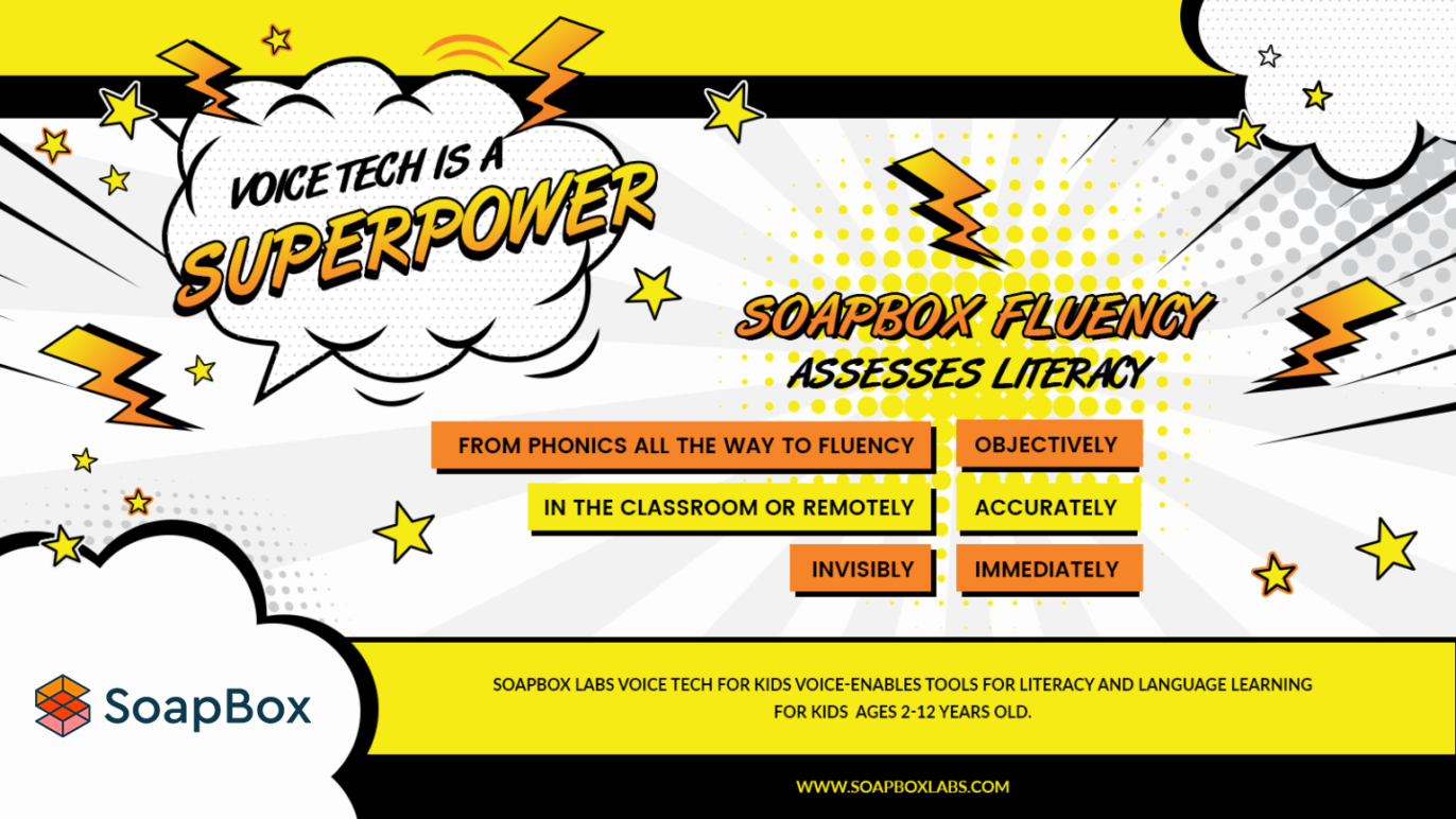 An image with text that says, “Voice tech is a superpower. SoapBox Fluency assesses literacy.”
