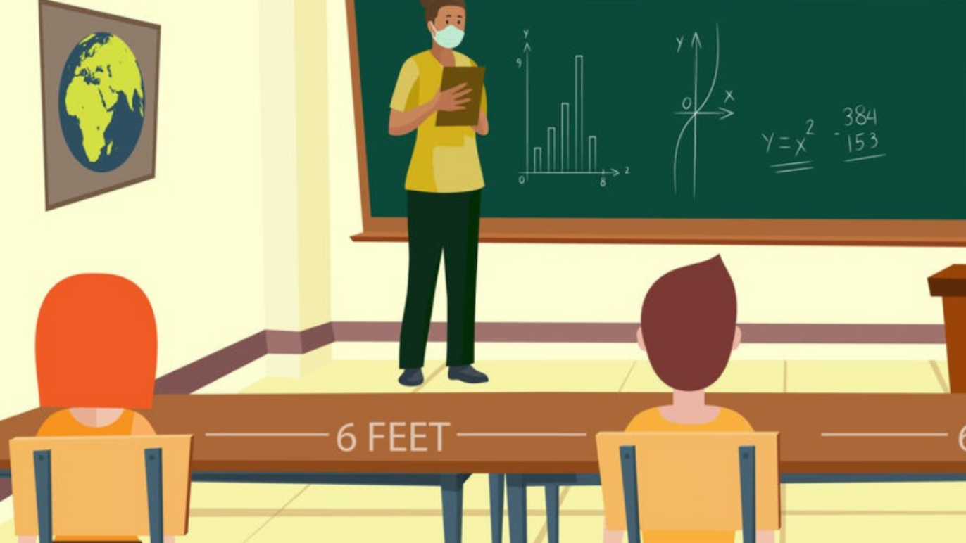 A cartoon image of a teacher standing in front of a class with a mask on. Two students are sitting 6 feet apart at their desks.