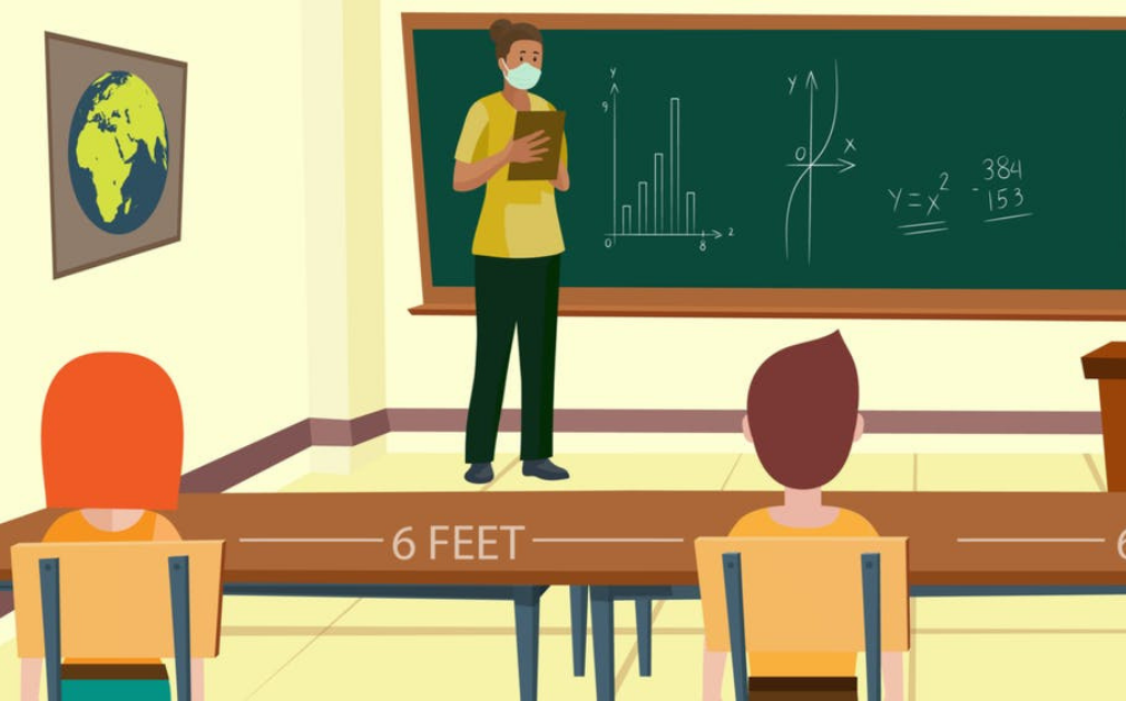 A cartoon image of a teacher standing in front of a class with a mask on. Two students are sitting 6 feet apart at their desks.