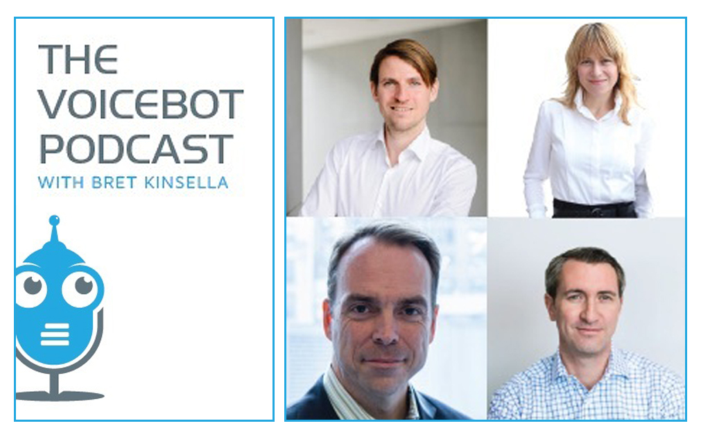 An image with text that says, "The voicebot podcast with Bret Kinsella." The image also includes headshots of three men and one woman.