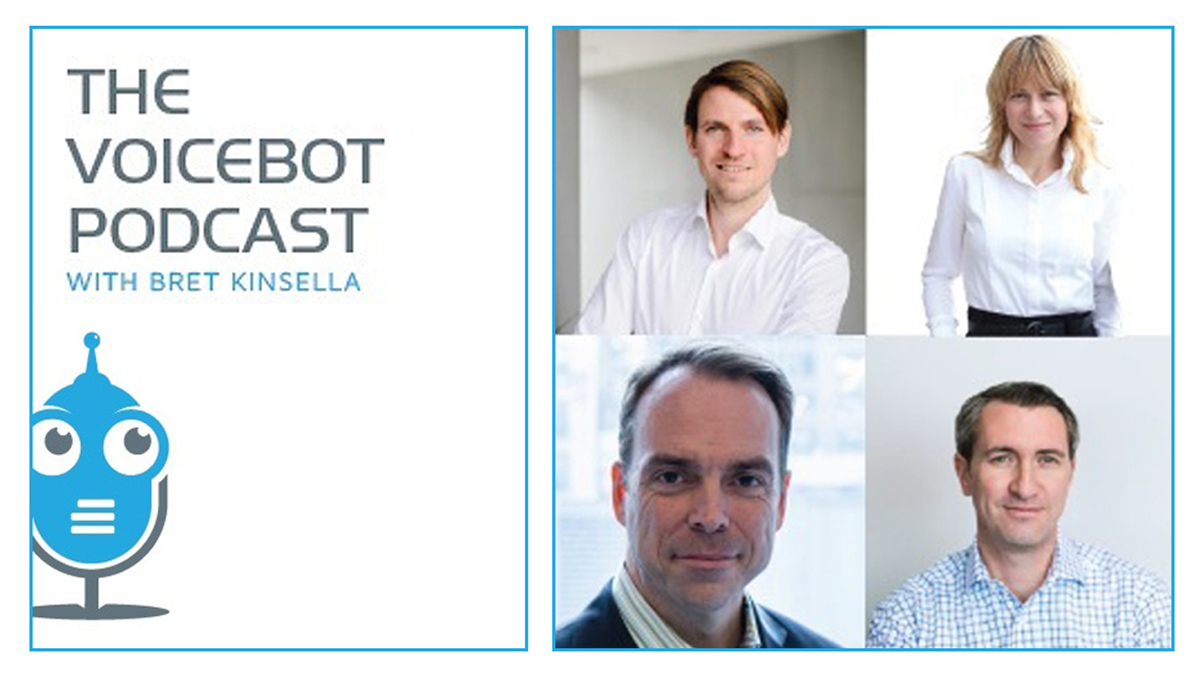 An image with text that says, "The voicebot podcast with Bret Kinsella." The image also includes headshots of three men and one woman.