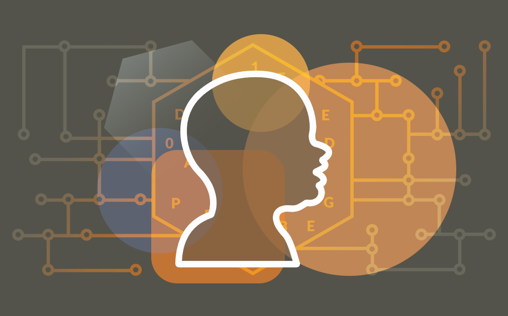 An abstract image depicting natural language processing. Includes a silhouette of a child's face.