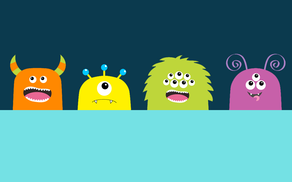 An image of four colourful animated monsters smiling.