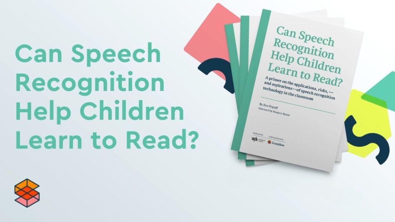 Image says, "Can Speech Recognition Help Children Learn to Read?" and includes cover of the front page of a whitepaper.