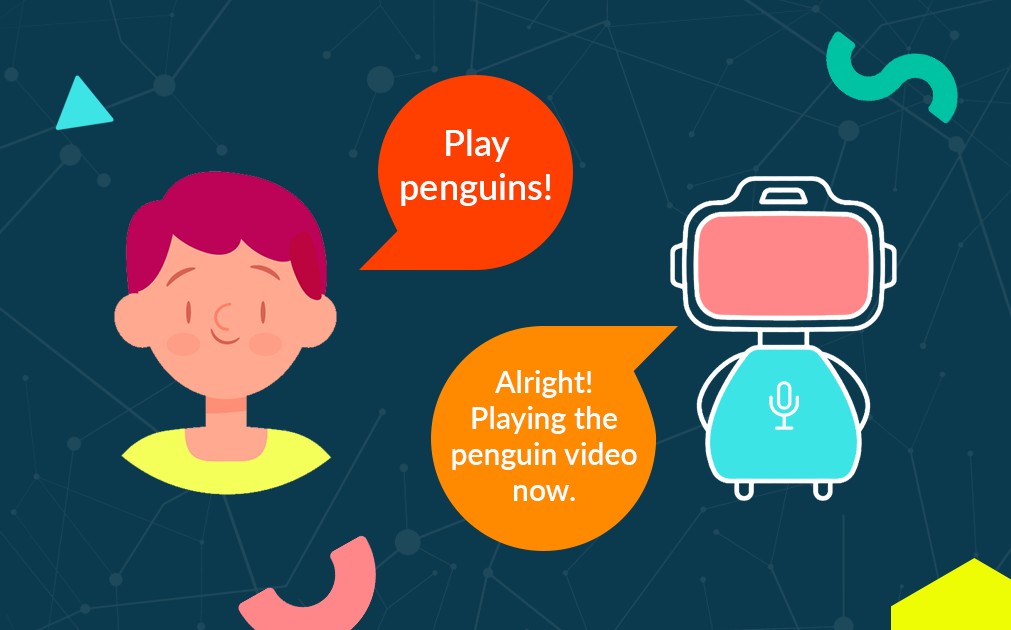 This image depicts intent recognition. A young boy says to a robot, "Play penguins!" and the robot responds, "Alright! Playing the penguin video now."