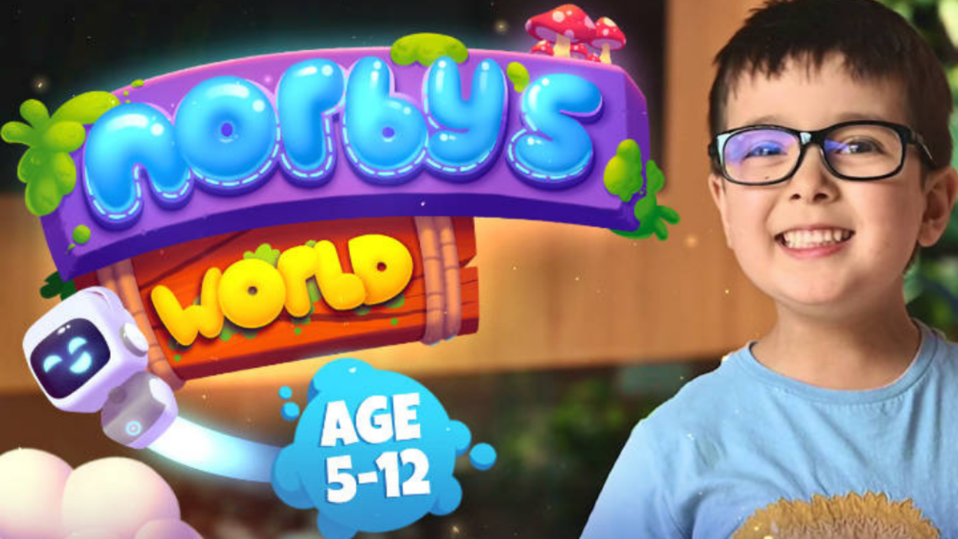 And image with text that says, "Norby's world, ages 5 to 12." Includes a photo of a young boy smiling.