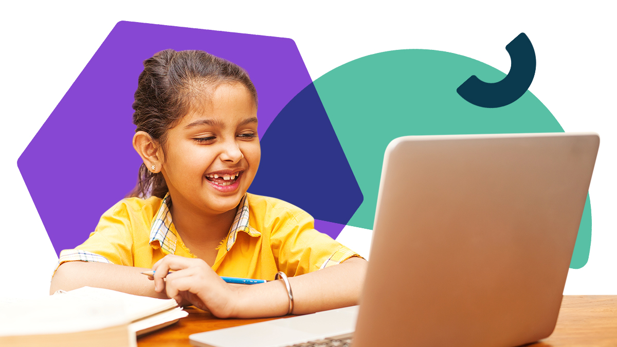 A photo of a girl sitting at a desk talking into a laptop computer. Fun colourful shapes are in the background.