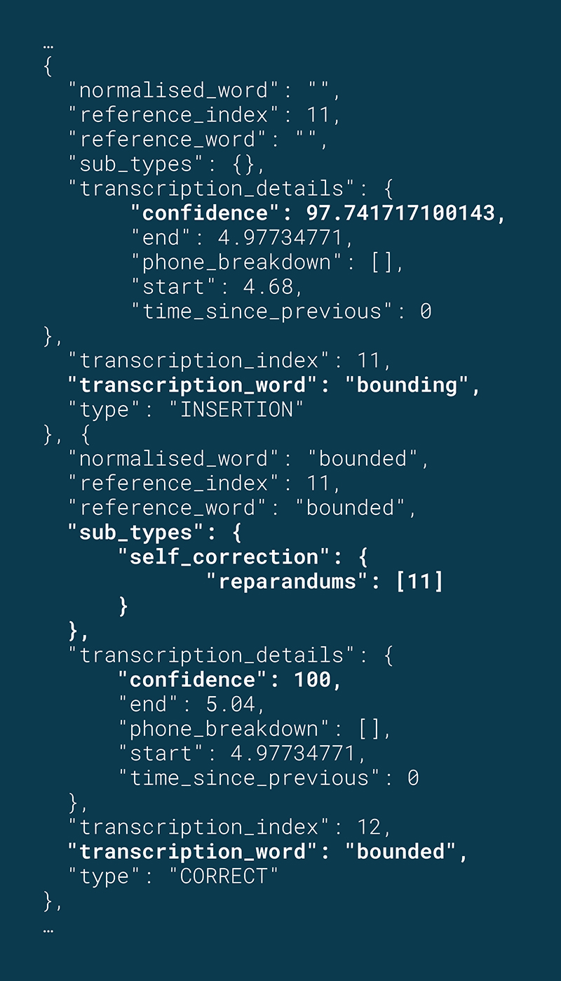 An example JSON excerpt from the SoapBox voice engine of a self-correction data point for the word "bounded."
