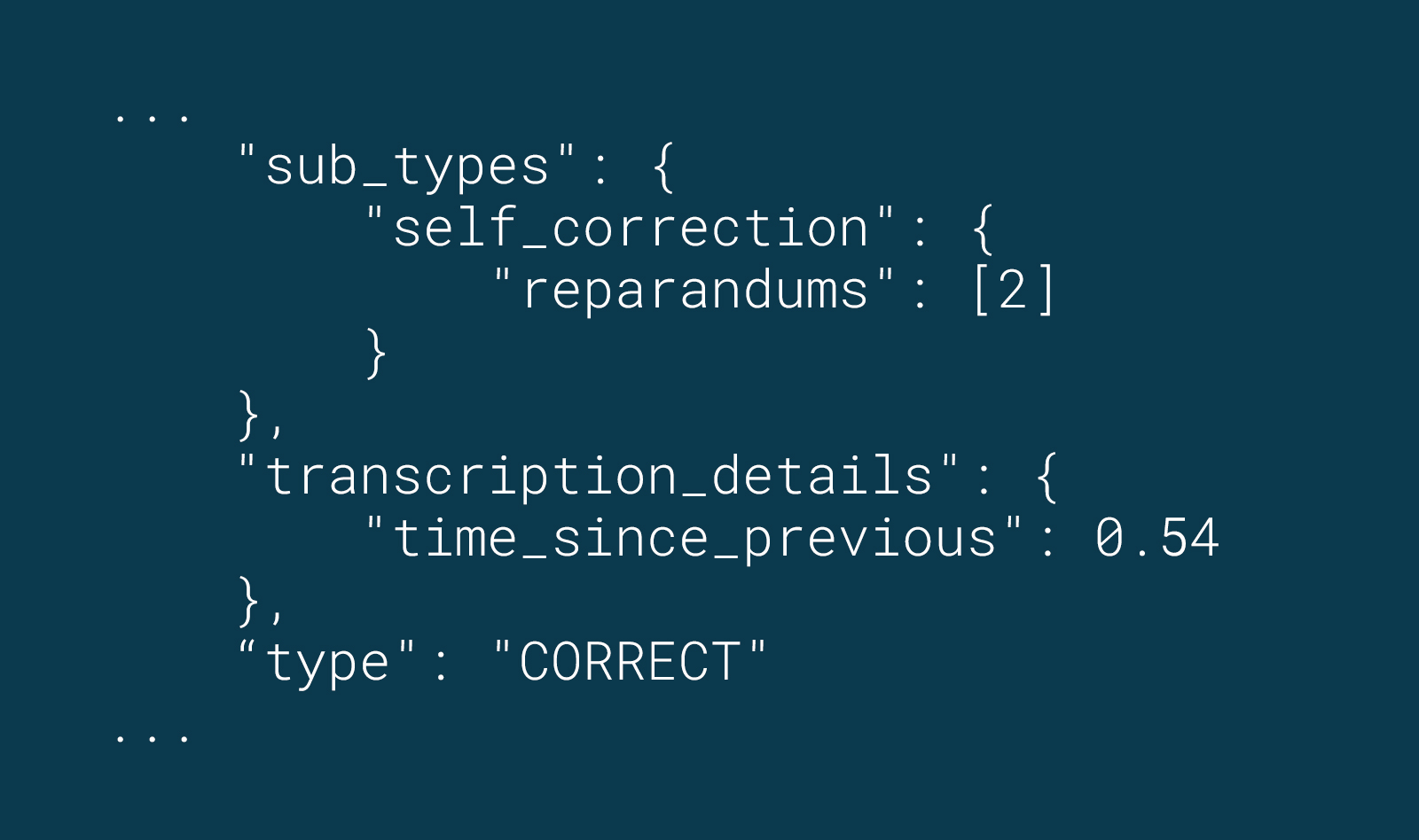 A JSON excerpt from the SoapBox voice engine showing the time_since_previous, self_correction, and reparandums data points.