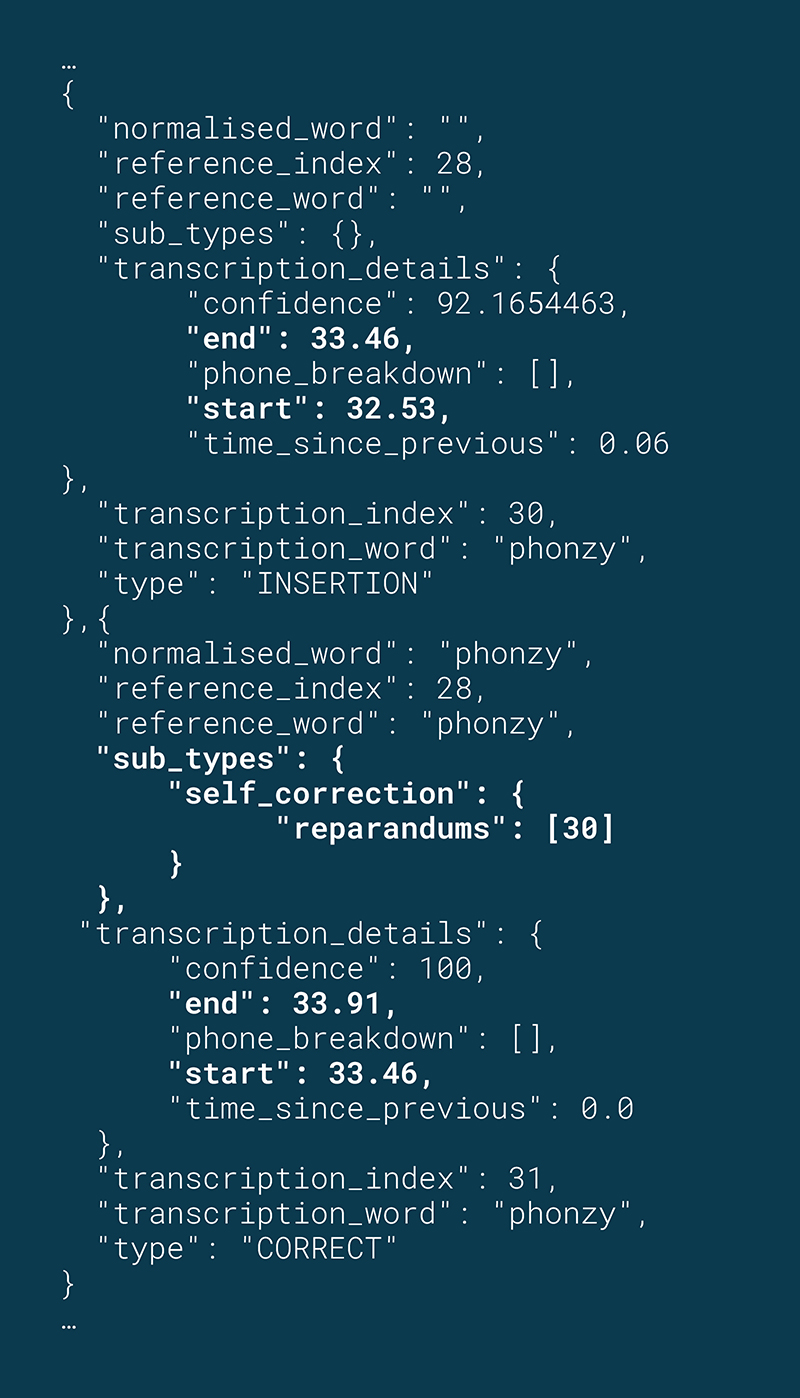 An example JSON excerpt from the SoapBox voice engine of a self-correction data point for the word "phonzy."