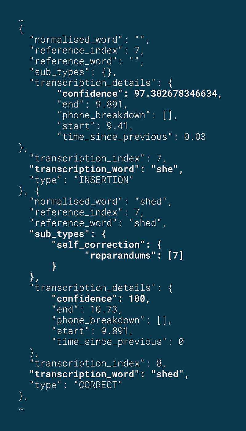 An example JSON excerpt from the SoapBox voice engine of a self-correction data point for the word "shed."