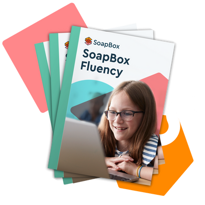 An image of the front cover of a digital document with a photo of a girl and a title that says "SoapBox Fluency."