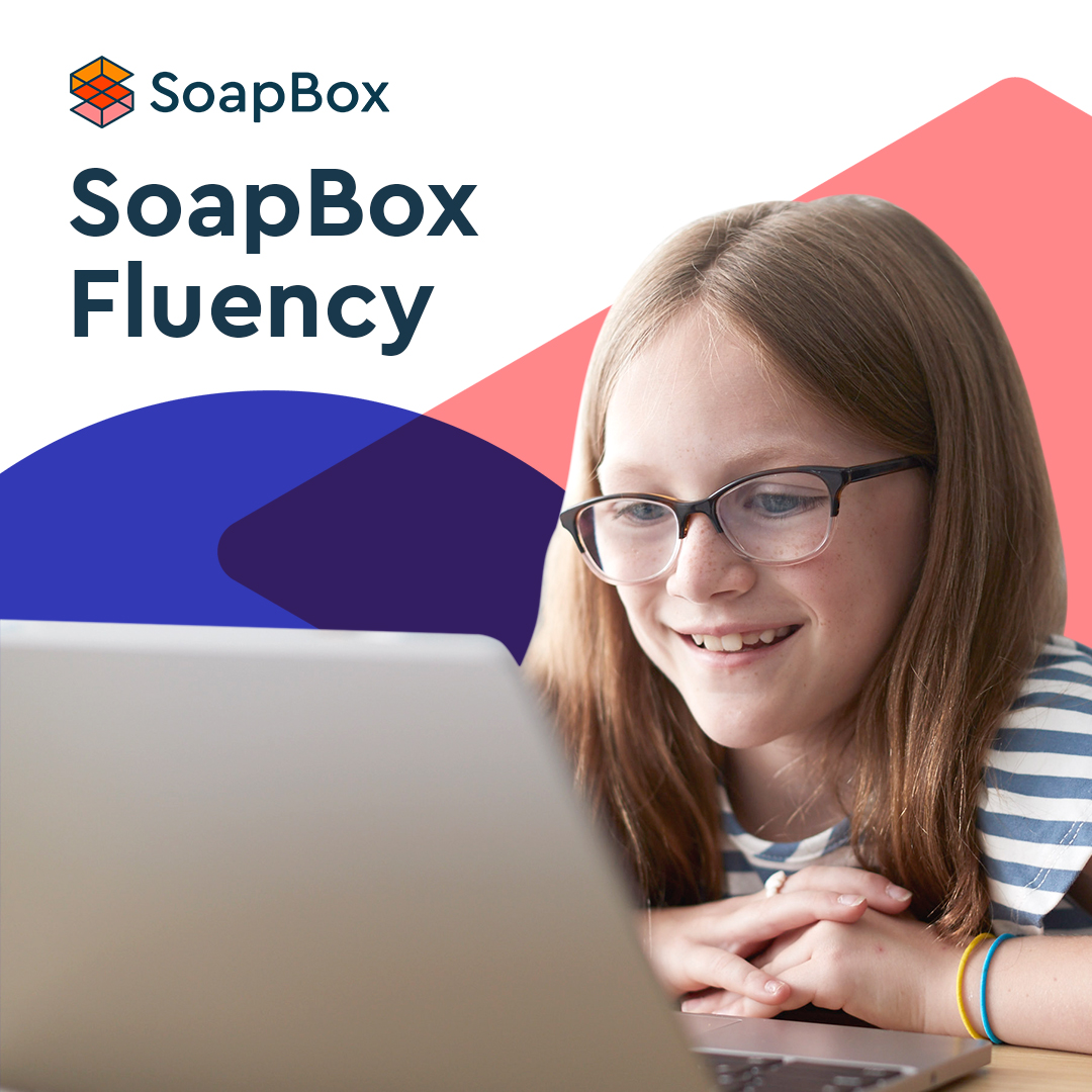 An image of the front cover of a digital document with a photo of a girl and a title that says "SoapBox Fluency."