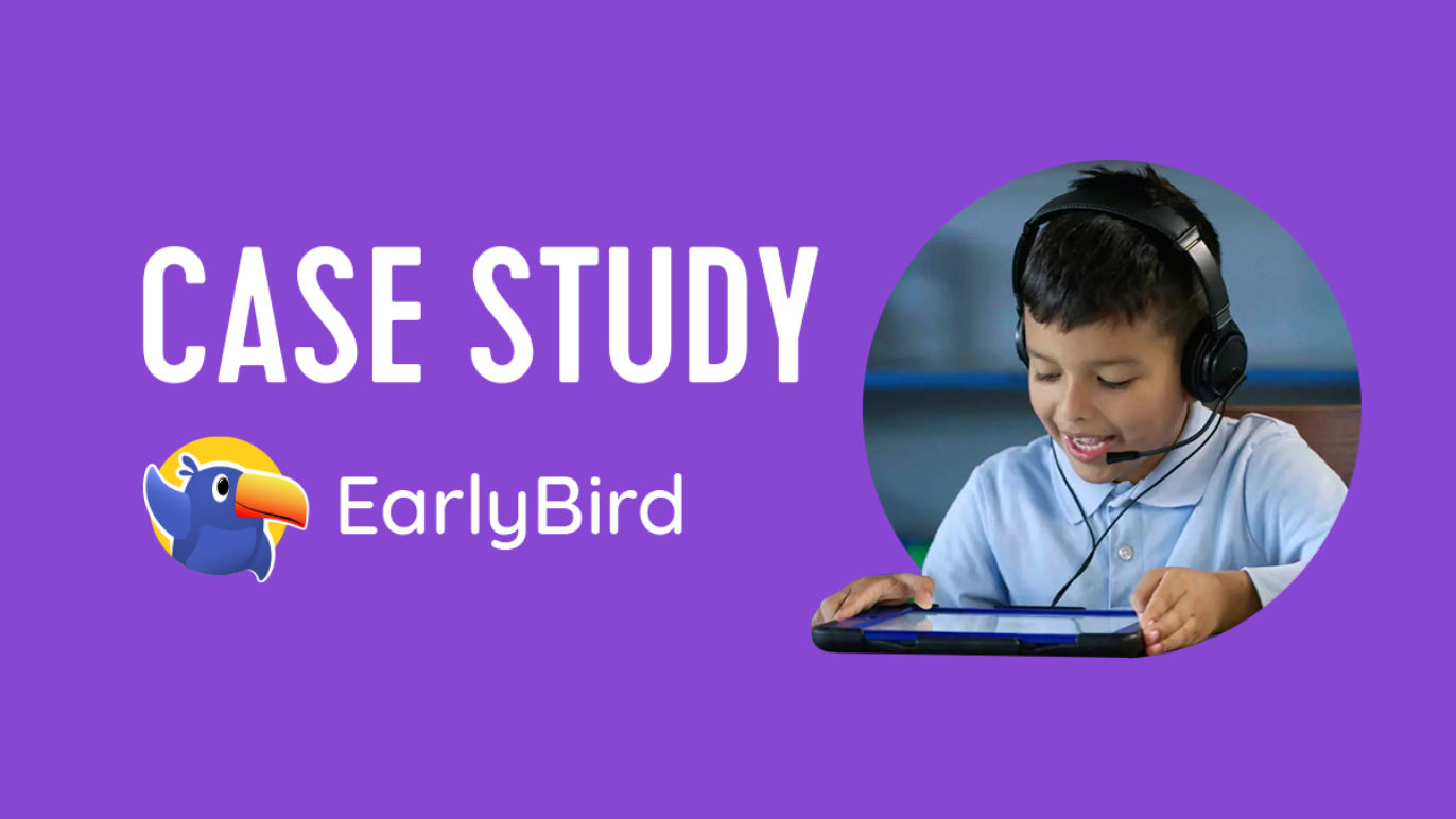 An image with text that says, "case study, earlybird" and includes a photo of a boy sitting at a desk, talking into an iPad.
