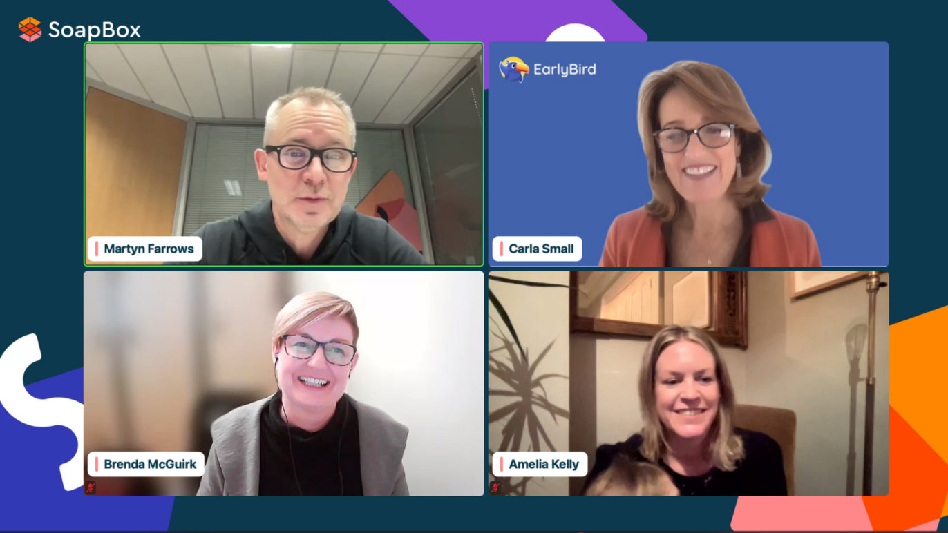 An image of four people, one man and three women, on a webinar hosted by SoapBox Labs. The webinar is titled How EarlyBird Uses Voice Technology for Dyslexia Screening.