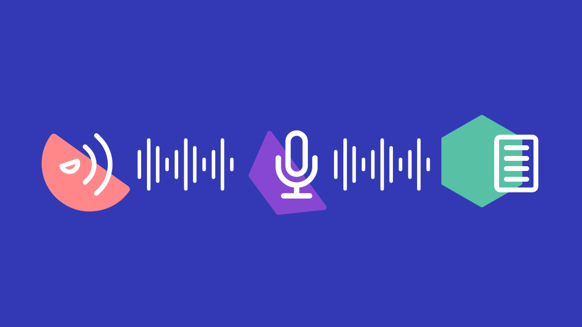 A diagram depicting the speech to text process, from a human speaking to a microphone capturing audio and the computer generating a transcript.