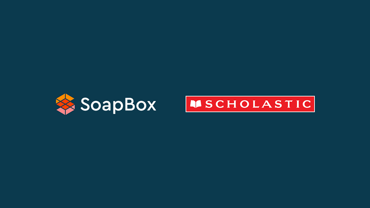 The SoapBox and Scholastic logos side-by-side, depicting a new partnership to voice-enable Scholastic’s reading programs with SoapBox’s speech recognition technology for kids.