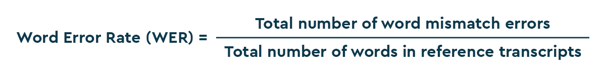 The formula for calculating word error rate (WER).