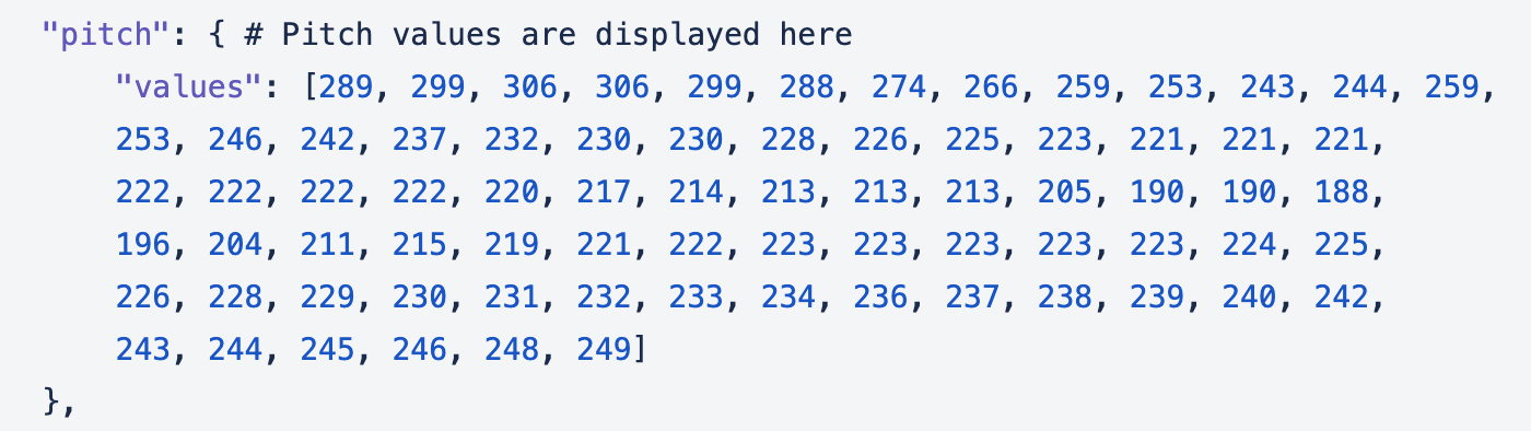 Example pitch values returned from the SoapBox voice engine.