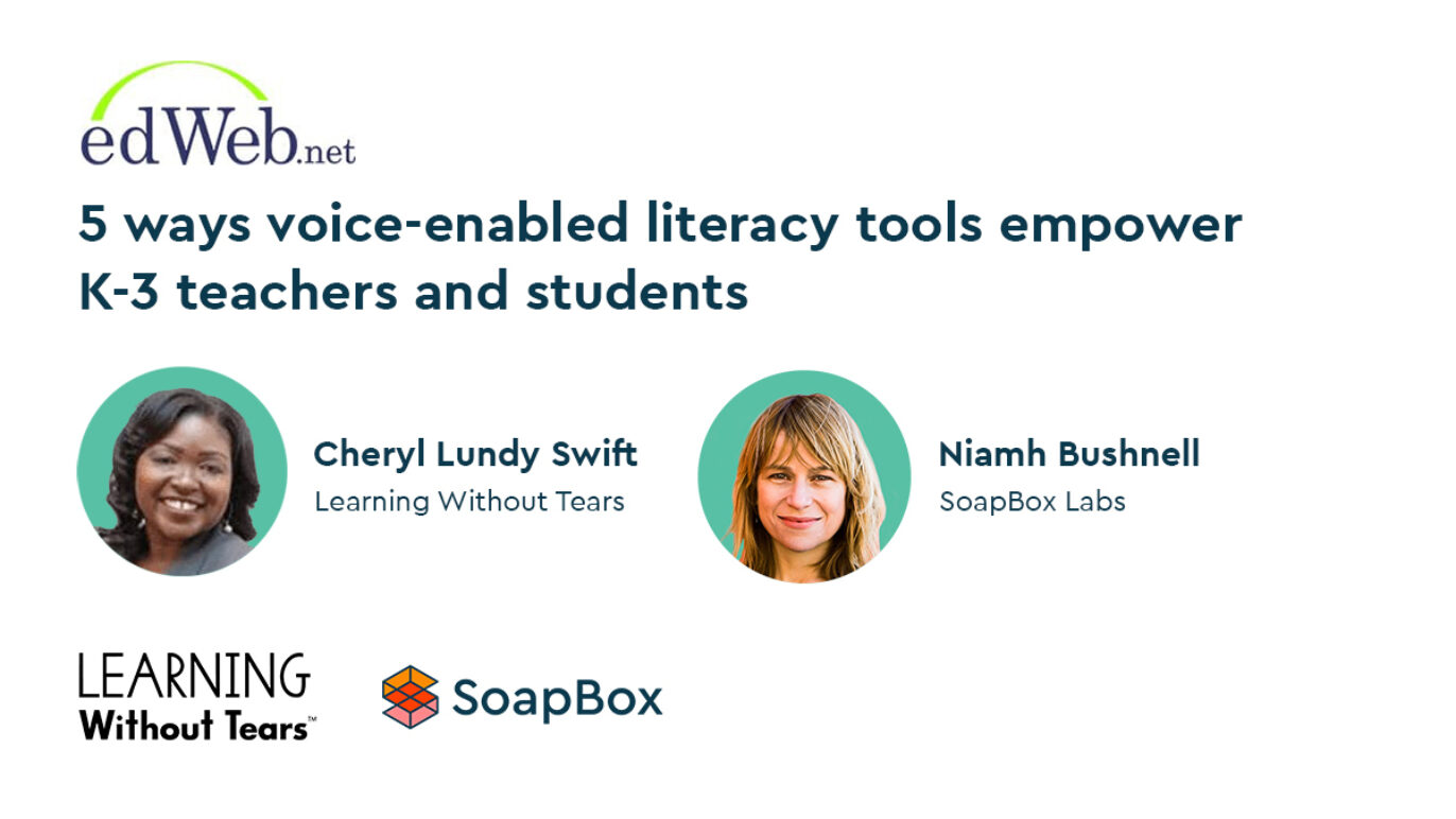 An image promoting a webinar called "5 ways voice-enabled literacy tools empower K-3 teachers and students." The image includes the headshots of the two presenters, Cheryl Lundy Swift of Learning Without Tears, and Niamh Bushnell from SoapBox Labs.