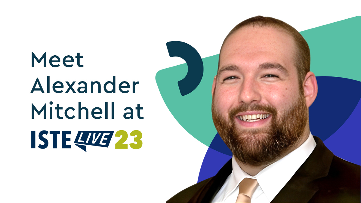 A headshot of Alexander Mitchell, the VP of Business Development at voice technology company SoapBox Labs, and text that says, "Meet Alexander Mitchell at ISTE Live 2023!."