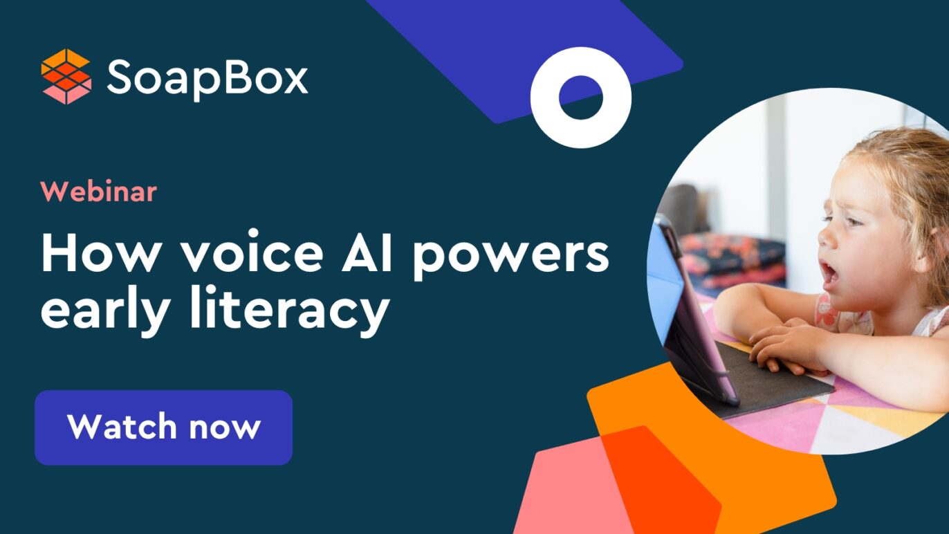 An image promoting a webinar from SoapBox Labs, a company specializing in voice AI technology for kids. The webinar is called "How voice AI powers early literacy."